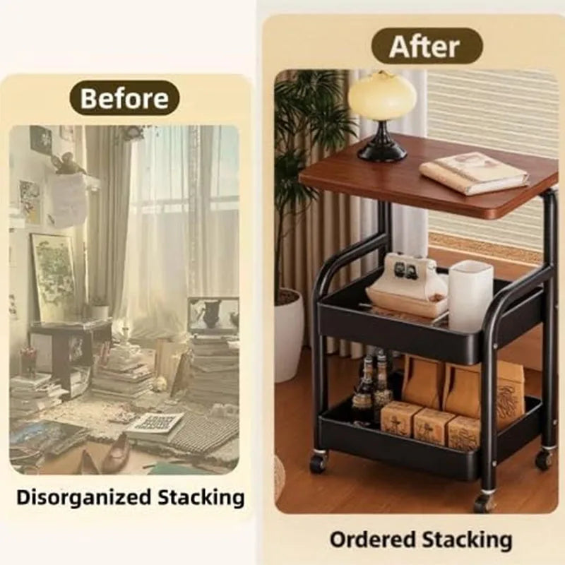 Three-Tier Metal Rolling Storage Cart With Walnut Tabletop