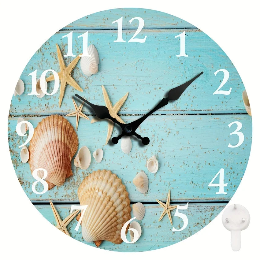 1pc Tropical Summer Seashells Starfish With Sand On Blue Wooden Round Wall Clock, Oil Painting Home Office School Decorative Cre