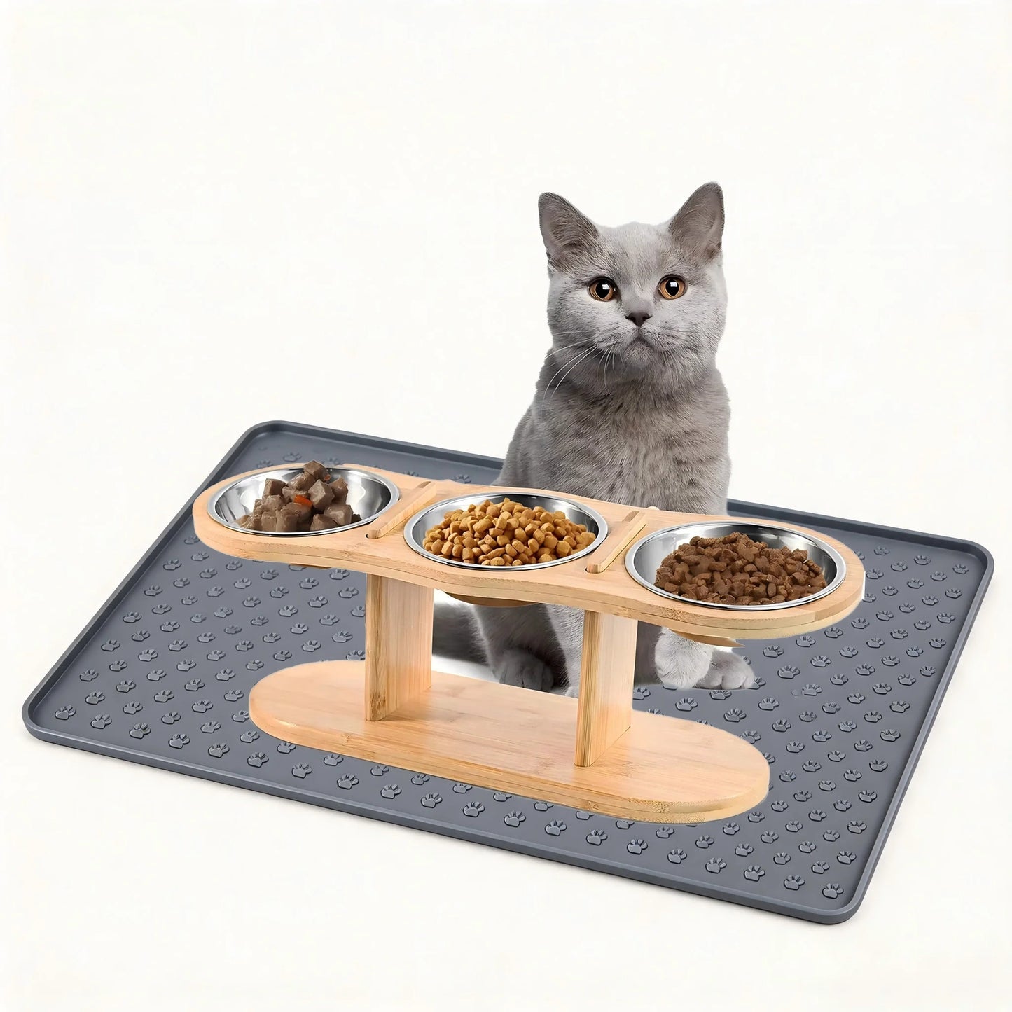 Cat Raised Feeder Three Stainless Steel Bowls Tilted 15 Degree