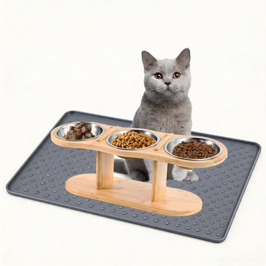 Cat Raised Feeder Three Stainless Steel Bowls Tilted 15 Degree