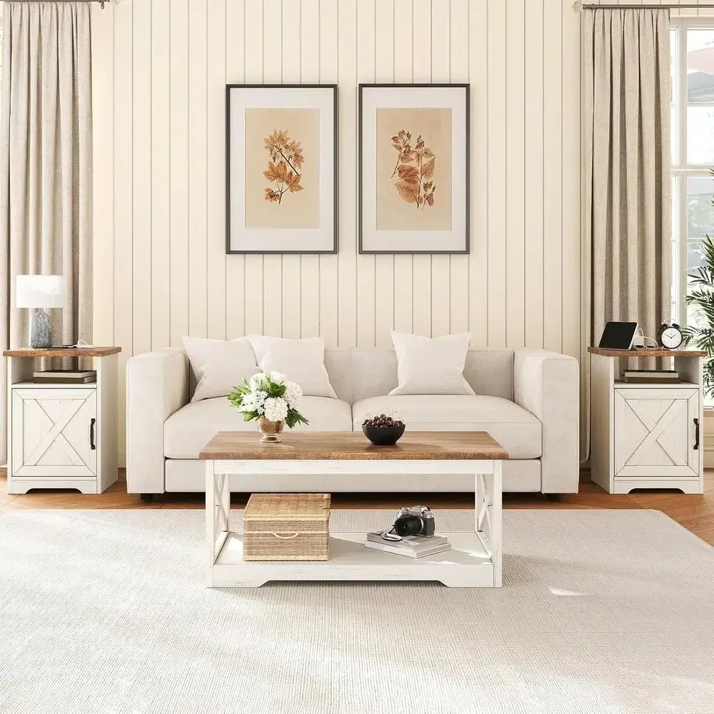 3 Piece Living Room Table Set With Coffee Table And End Tables USB Ports