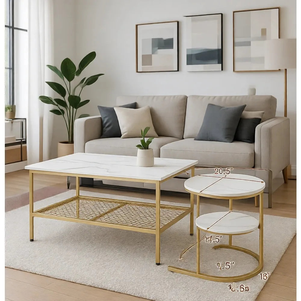 Nesting Coffee Table Set With Faux Marble and Metal Frame