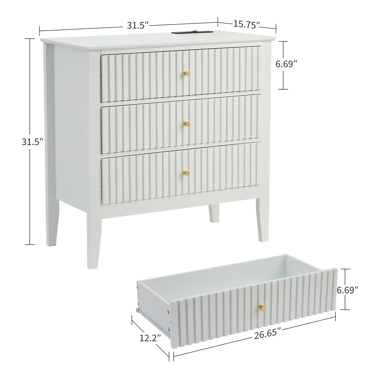 HiMISS Fluted Nightstand With Charging Station And Three Drawers
