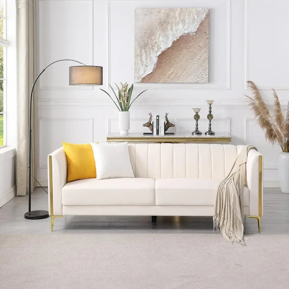 Modern Faux Leather 3 Seater Sofa With Gold Metal Legs