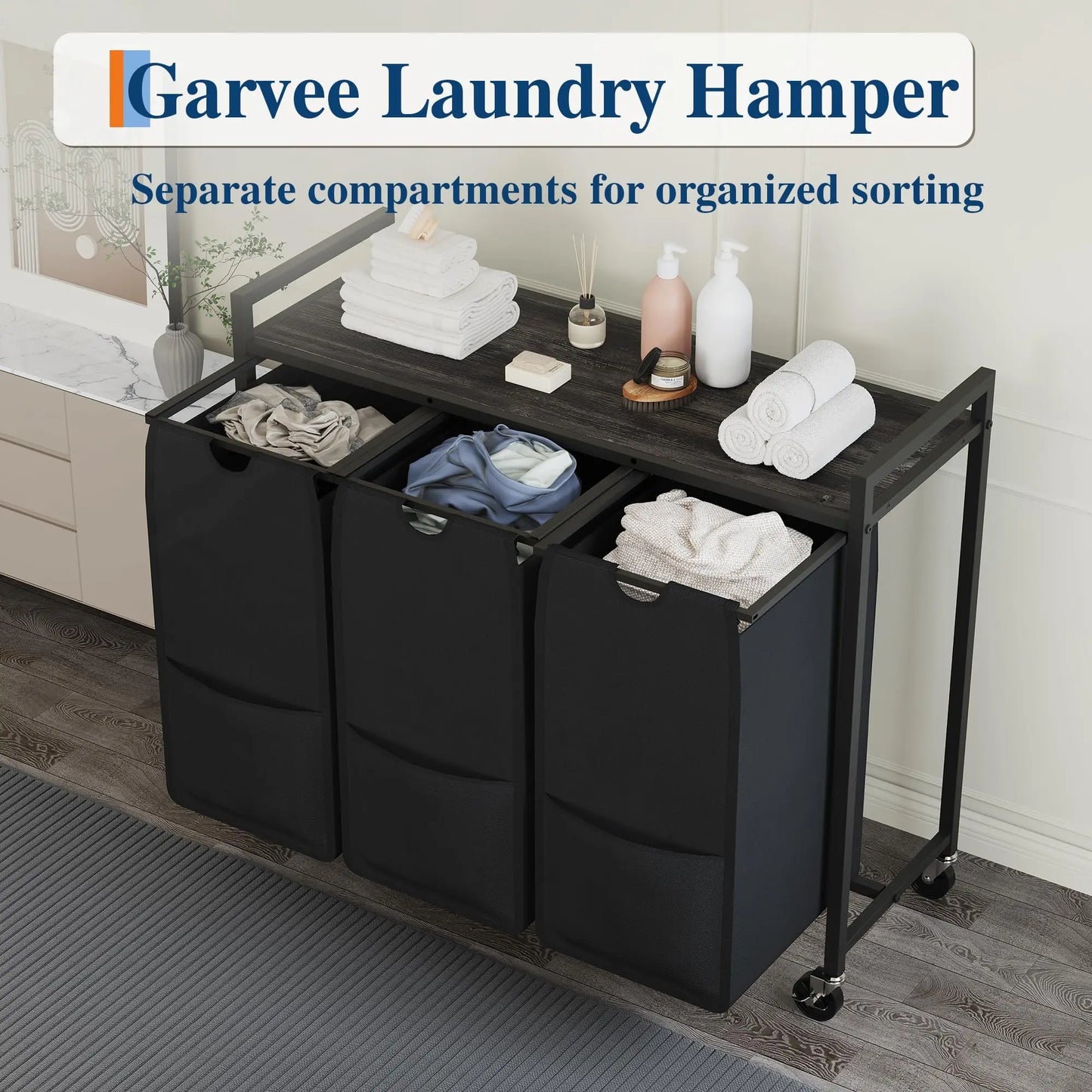 HiMISS Rolling Laundry Hamper With Shelf 3 Section Sorter