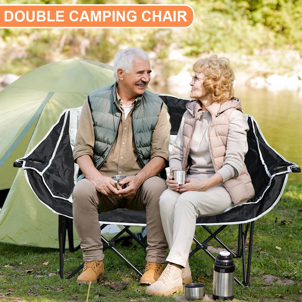 Double Folding Loveseat Camping Chair With Cup Holder Carry Bag