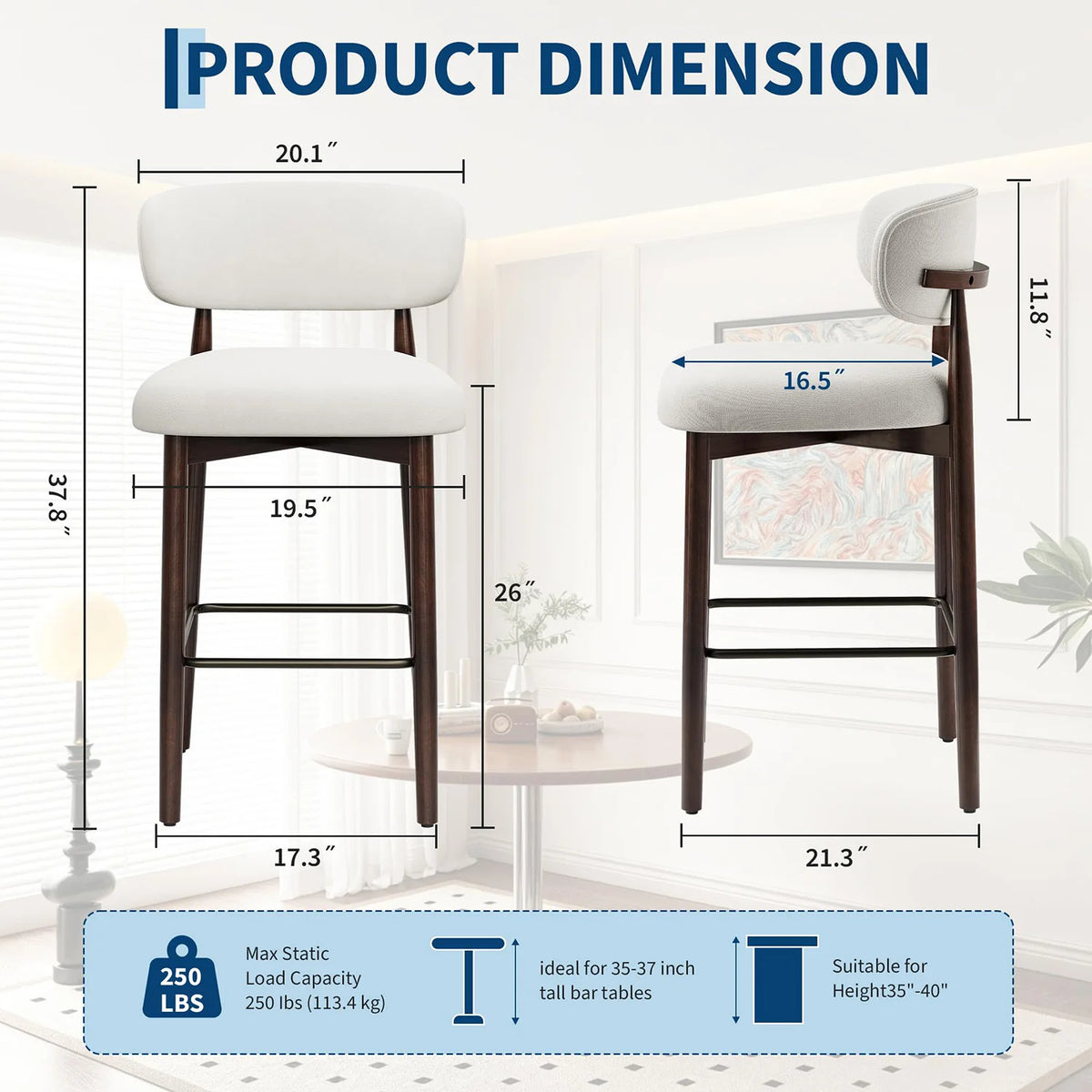 HiMISS Upholstered Counter Height Bar Stools With Back And Footrest
