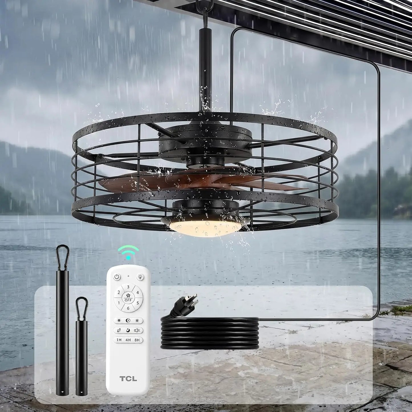 Metal Cage Ceiling Fan With Light Remote DC Motor Dimmable LED