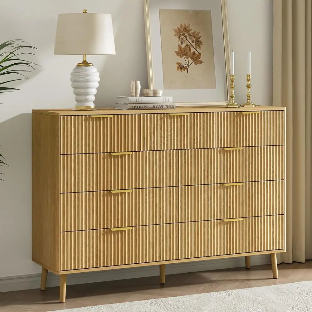Nine Drawer Dresser With Curved Profile And Metal Handles