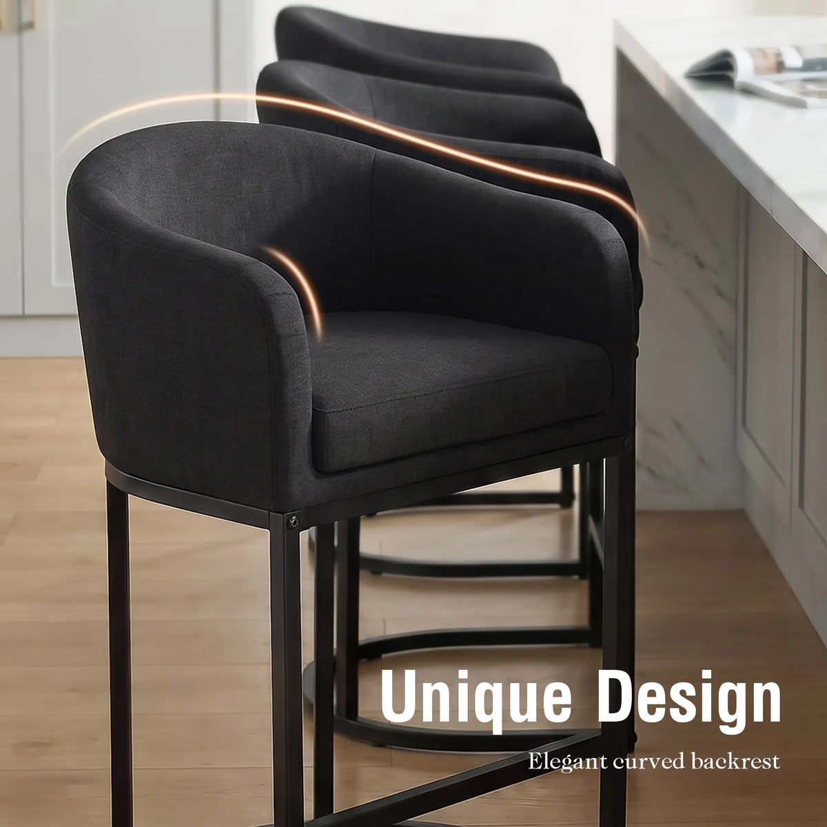 Modern Upholstered Counter Bar Stools With Curved Backrest And Armrests