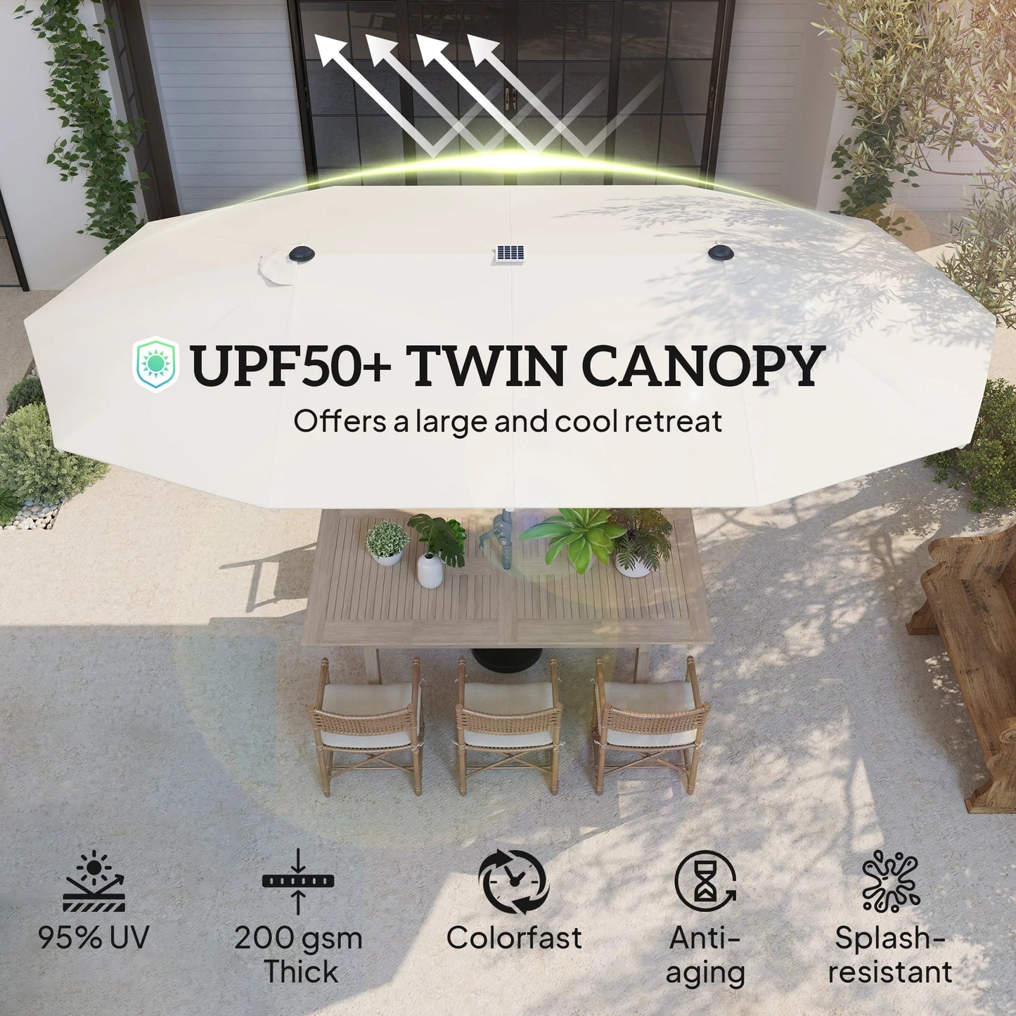 Patio Umbrella With Built-In Solar Lights UPF50+ For Outdoor Use