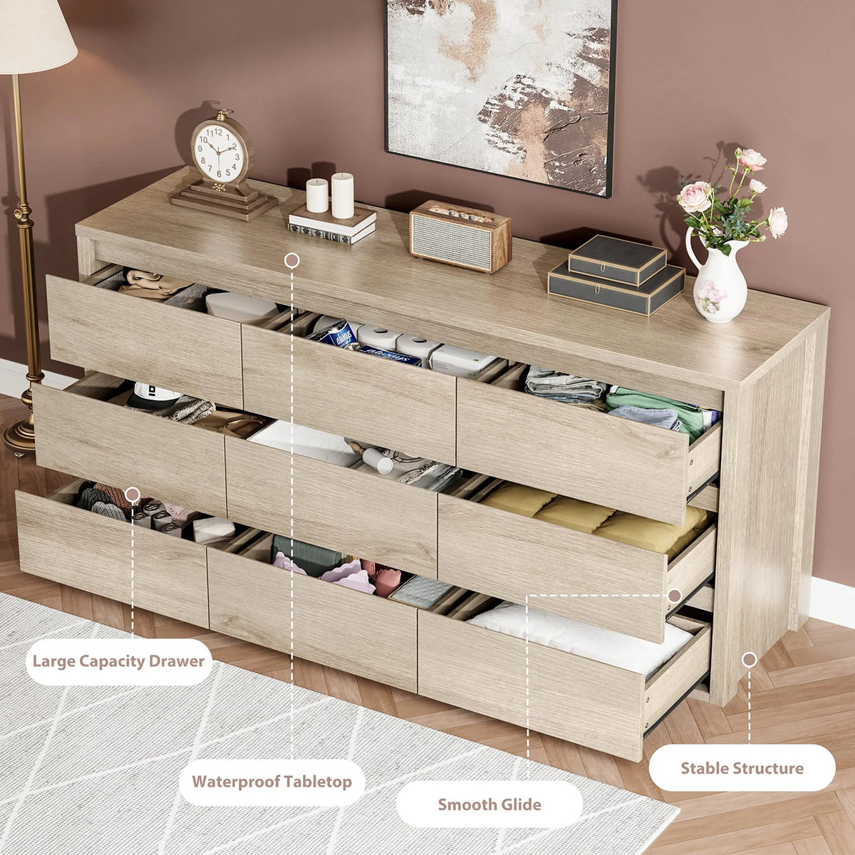 Acekool Modern Wood Dresser With 9 Drawers And Handleless Design