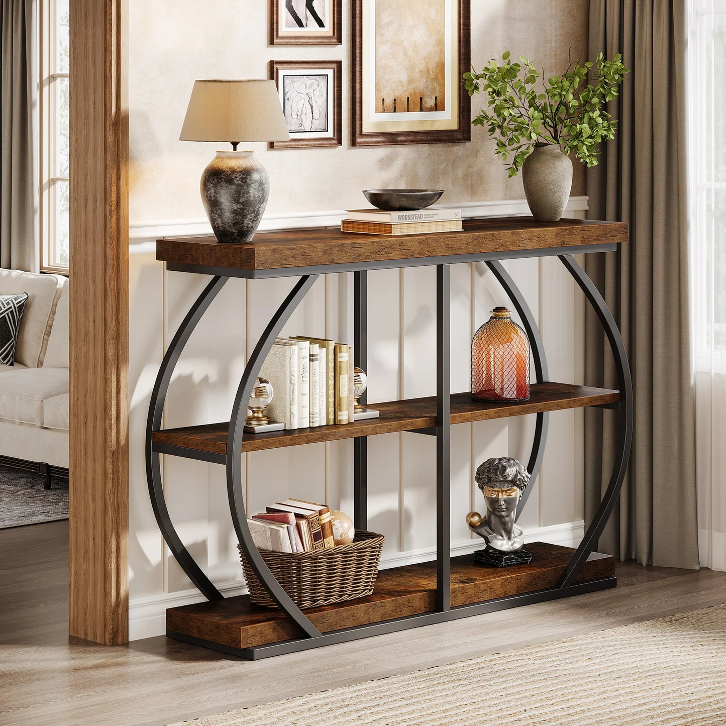 Tribesigns Industrial Console Table Arched Metal Frame With Storage Shelves