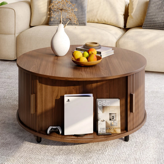 ONBRILL Round Coffee Table With Storage And Sliding Door