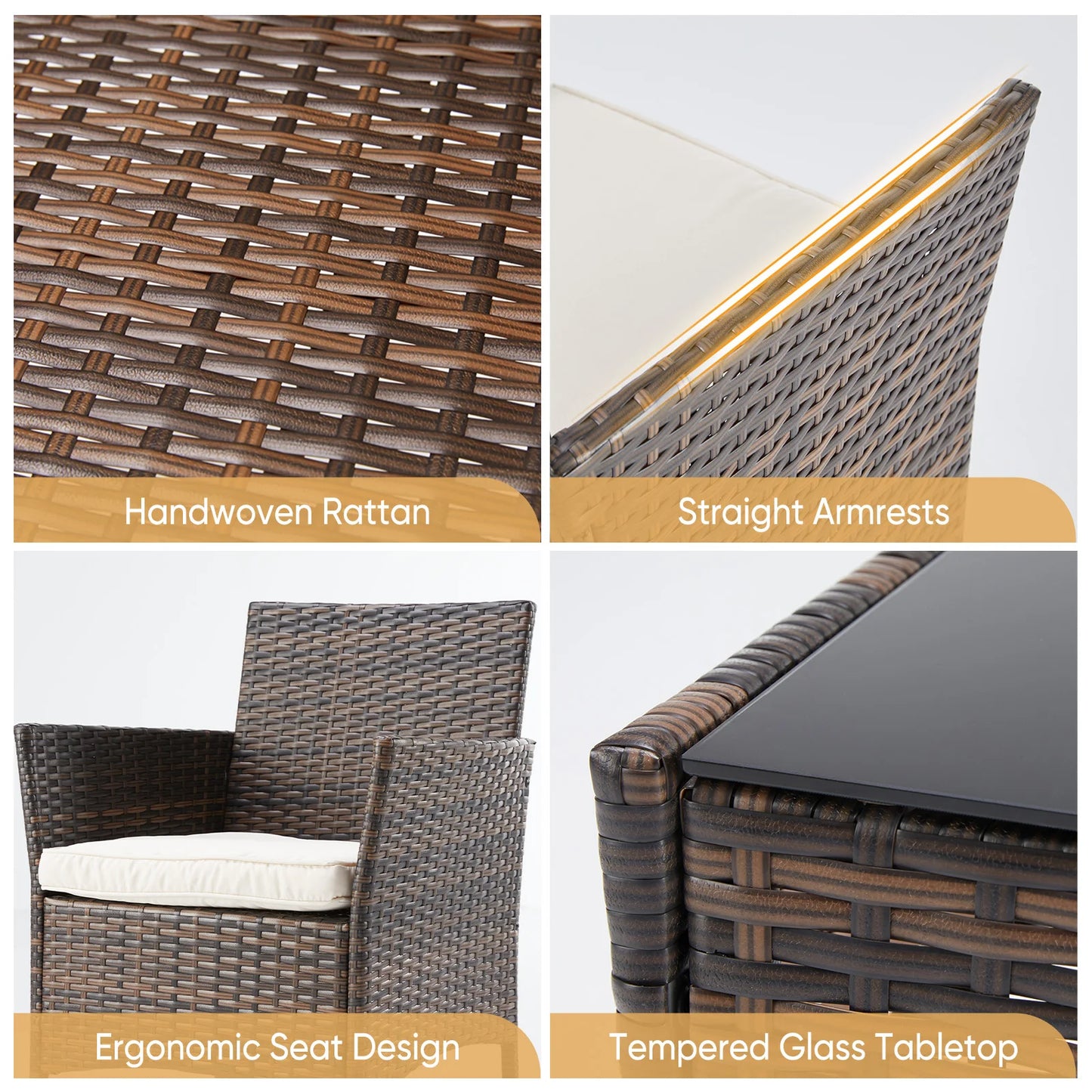 JHK 3-Piece Outdoor Rattan Patio Set With Glass Table Cushions