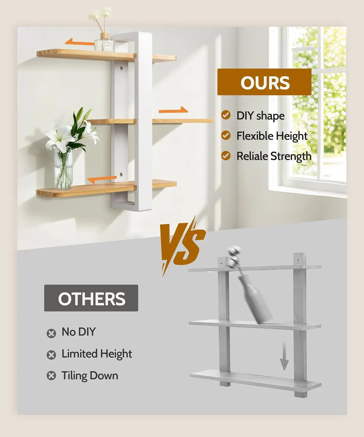 Floating Three Tier Pine Wood Wall Shelves For Living Room