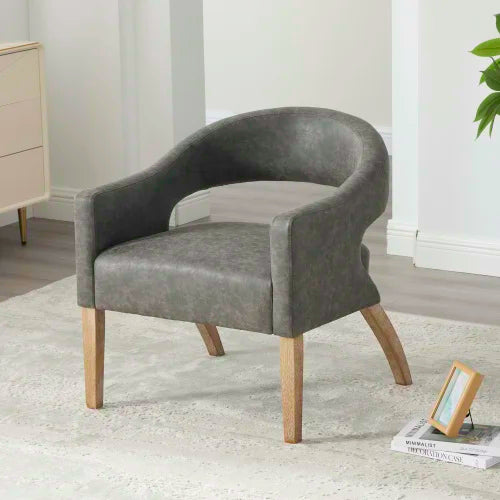 PU Backless Bucket Shaped Dining Armchair With Weathered Wooden Legs