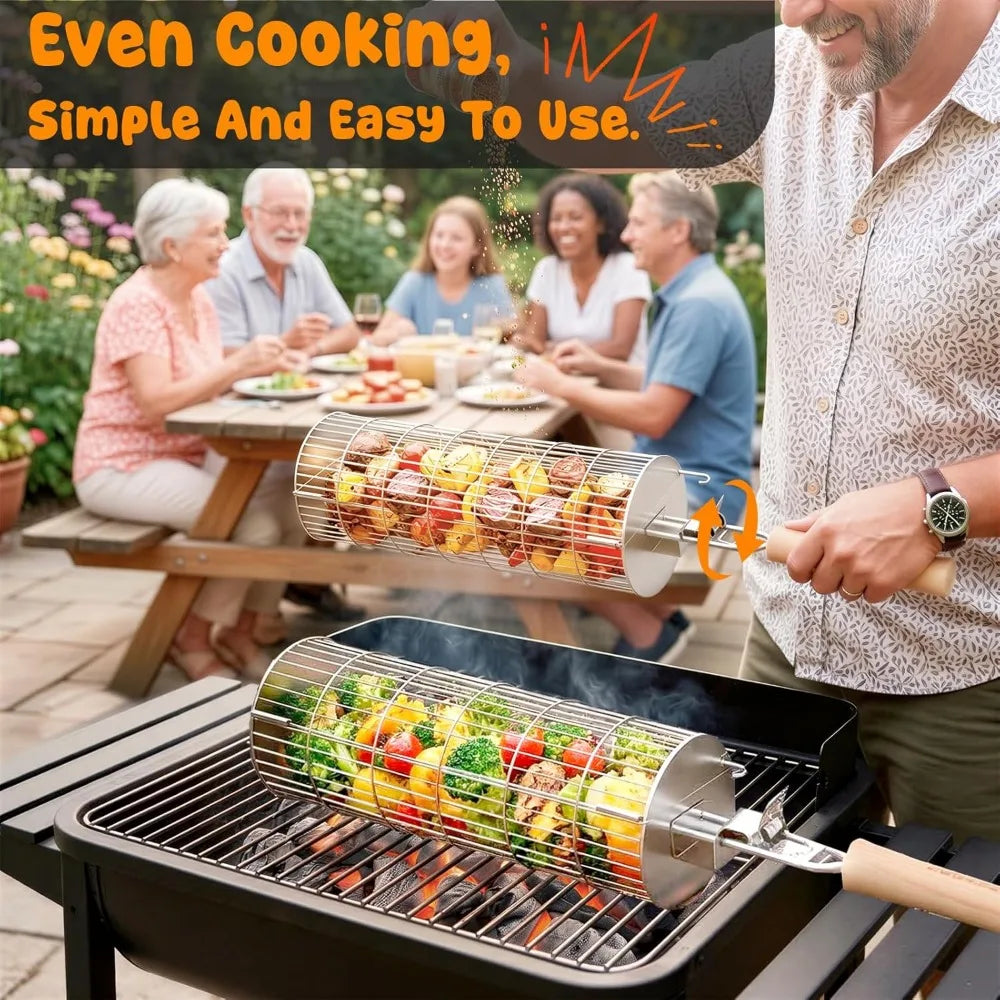 XIUWO Stainless Steel Rolling Grill Basket With Removable Handle Veggies