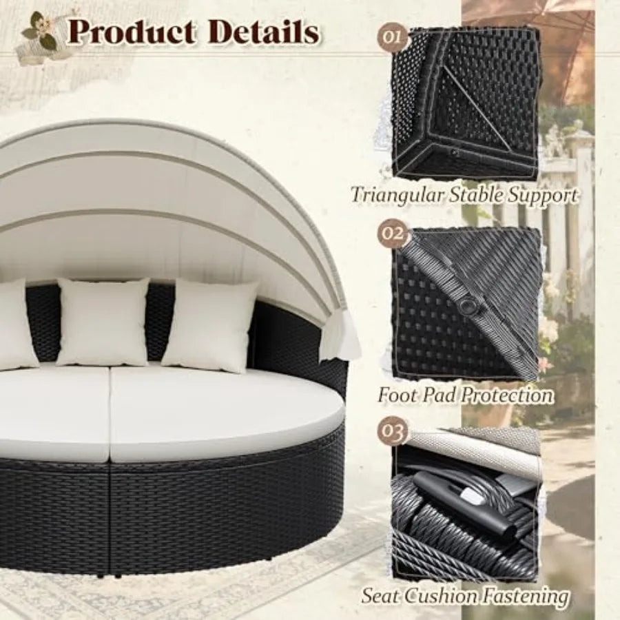 MDNG Outdoor Patio Round Daybed With Retractable Wicker Canopy