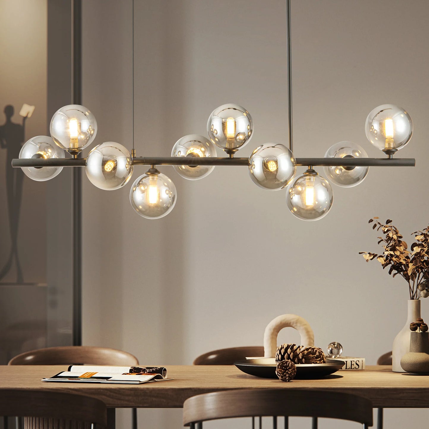 10 Light Adjustable Chandelier Smoked Glass Globes Mid Century Modern
