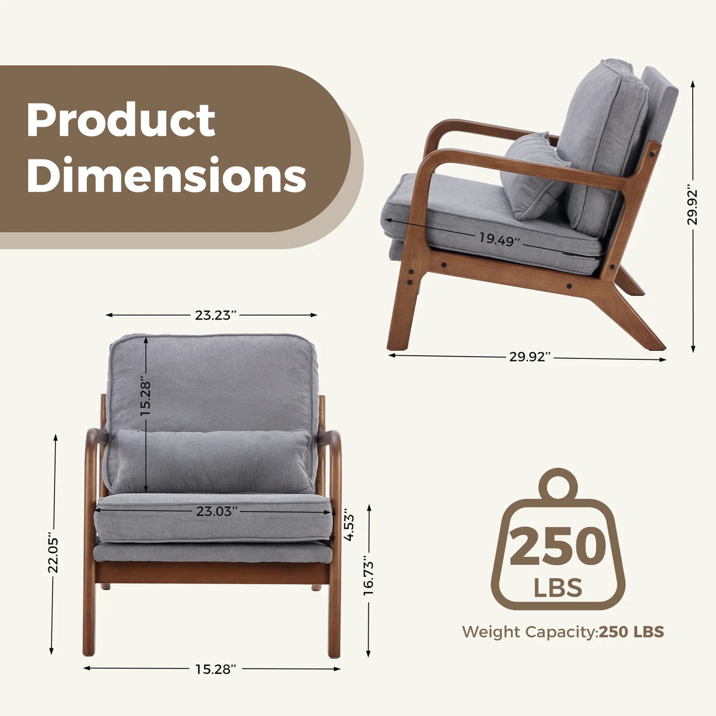 JHK Mid Century Modern Wood Frame Accent Chair With Arms Reading Chair