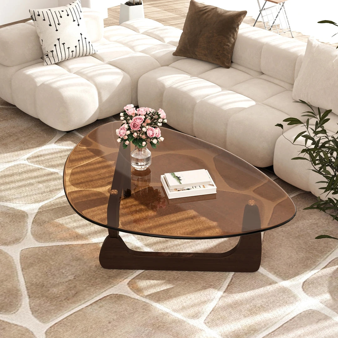 Wisfor Triangular Coffee Table With Tempered Glass And Wood Frame