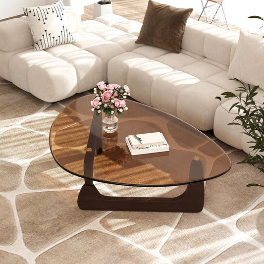 Wisfor Triangular Coffee Table With Tempered Glass And Wood Frame