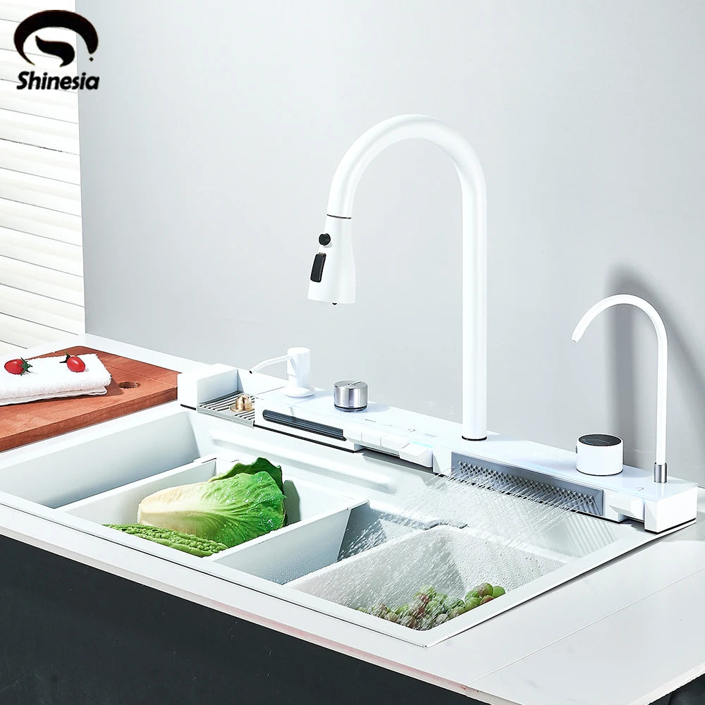 Shinesia Stainless Steel Waterfall Kitchen Faucet With Soap Dispenser
