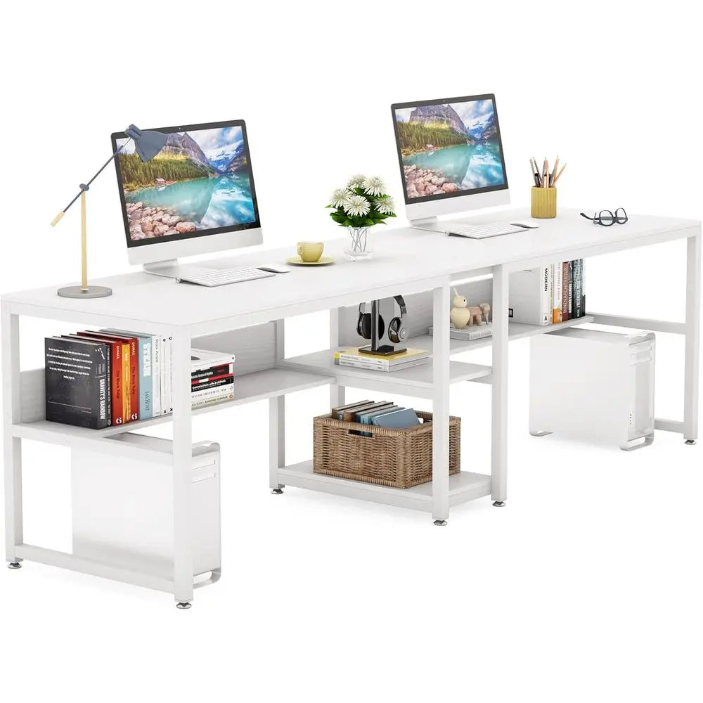 DAFIFY Rustic Double Computer Desk For Two With Shelf