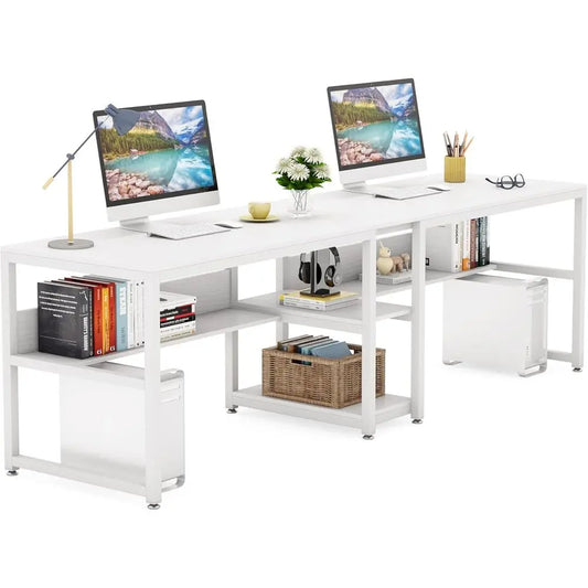 DAFIFY Rustic Double Computer Desk For Two With Shelf