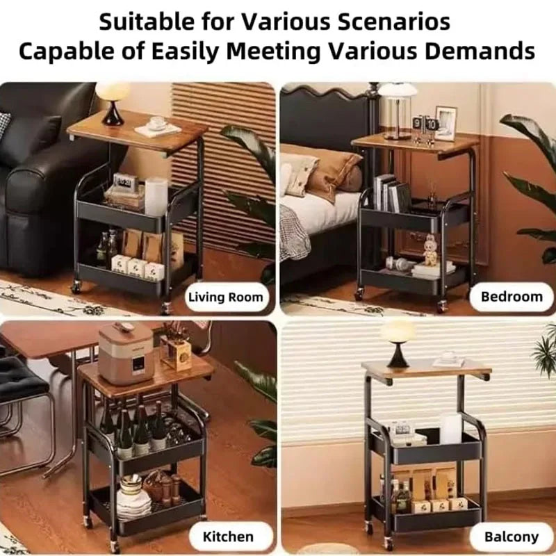 Three-Tier Metal Rolling Storage Cart With Walnut Tabletop