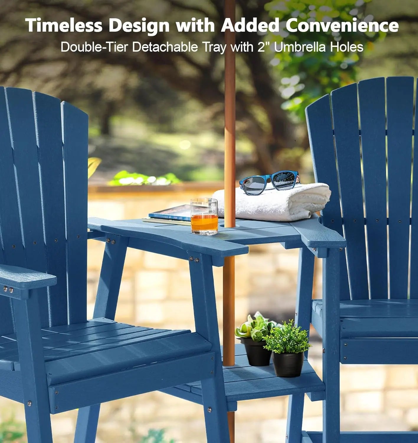 Bar Height Adirondack Chair Set Double Tray All Weather HDPE