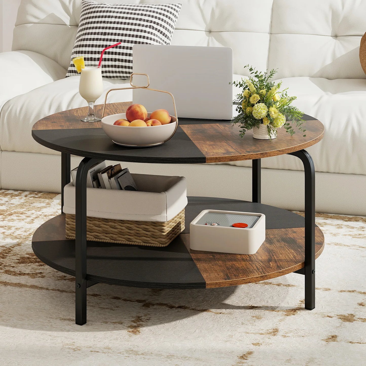 HOMASIS 2 Tier Round Coffee Table With Storage Shelf