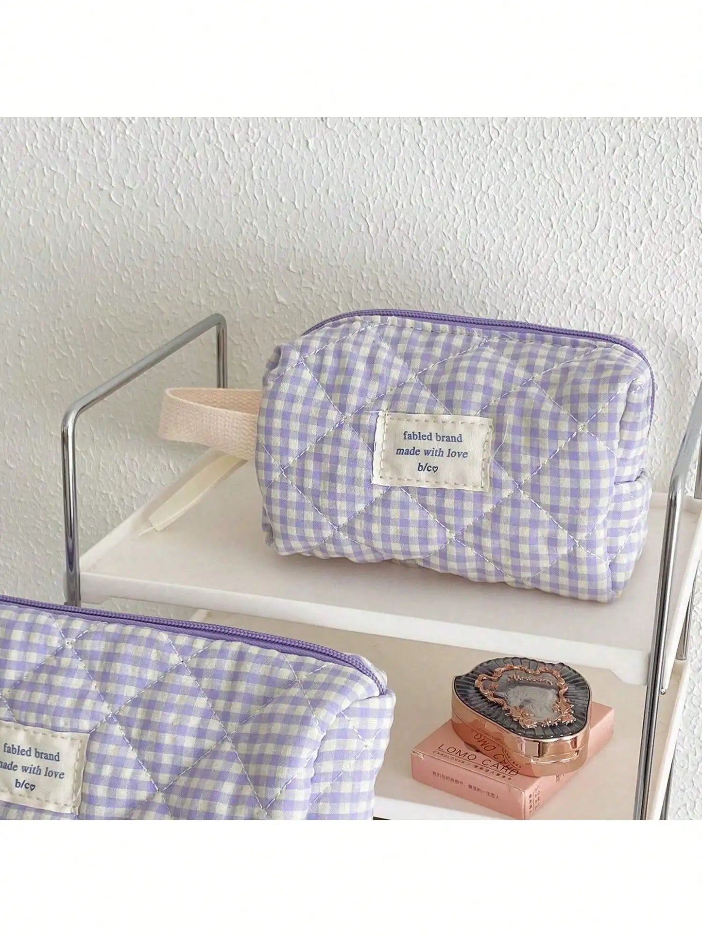 Three Piece Quilted Makeup Bag Set Floral Silk Ribbon Bow