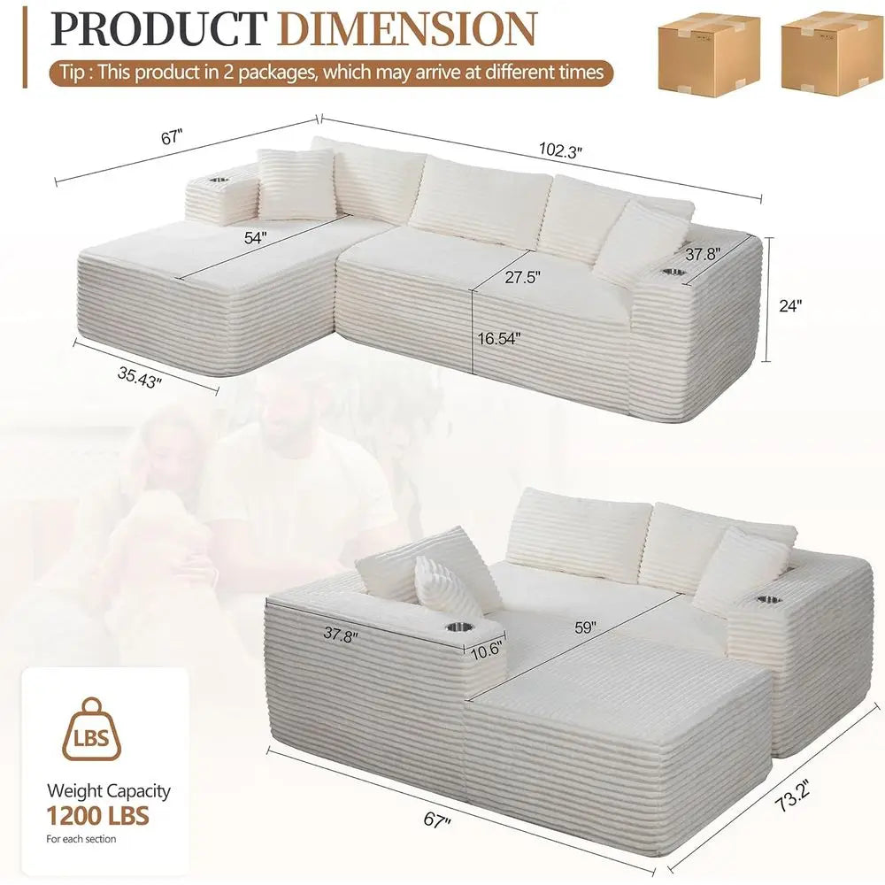 L Shaped Chaise Couch With Cup Holders Plush Corduroy Memory Foam