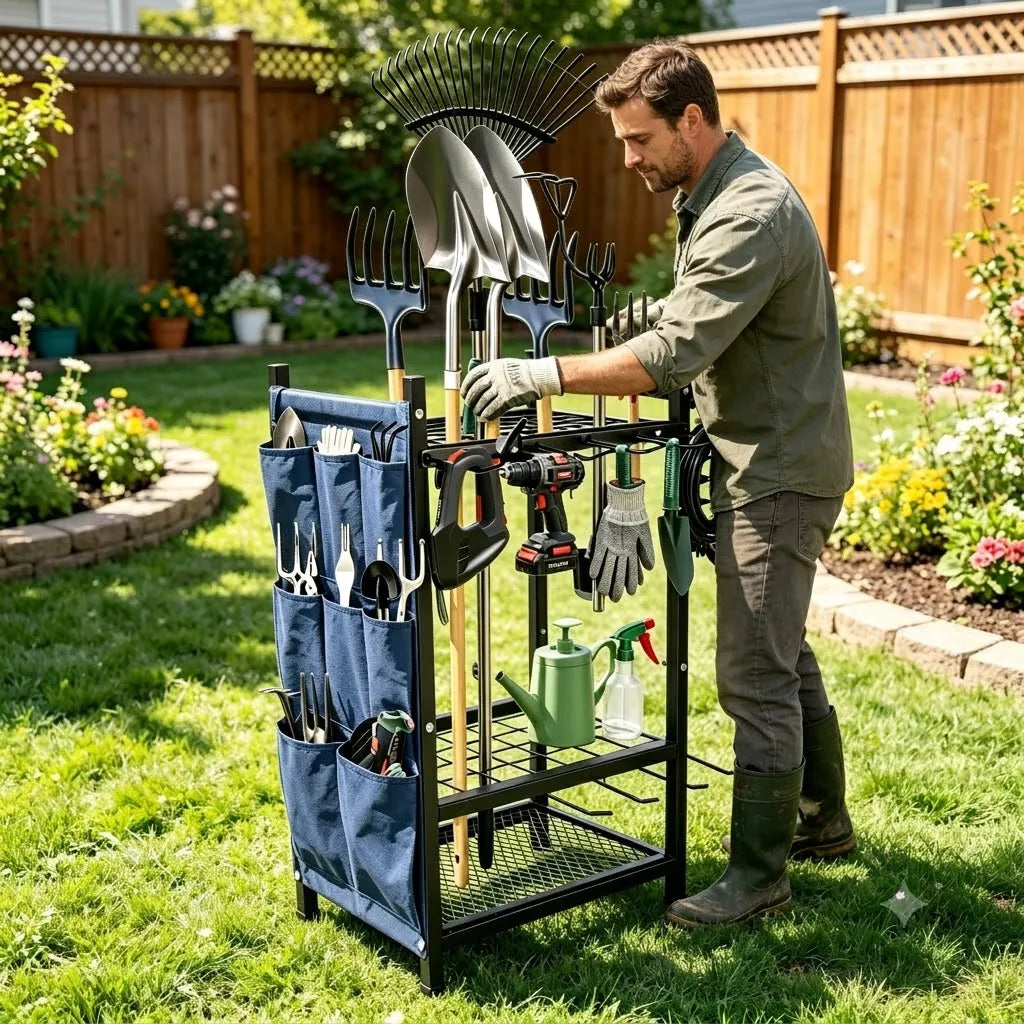 Heavy Duty Garden Tool Storage Rack Freestanding Long Handle Holder