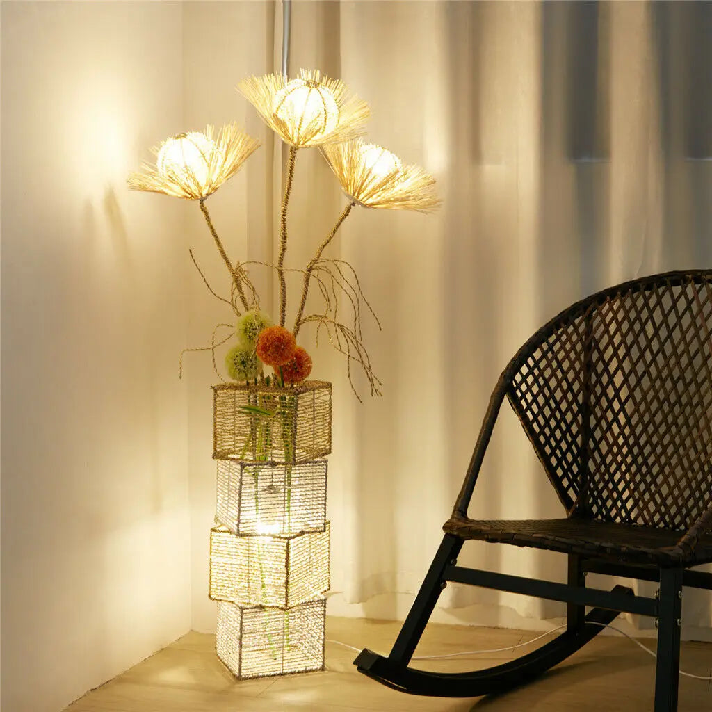 Modern Rattan Floor Lamp Featuring Dimmable LED And Flower Design
