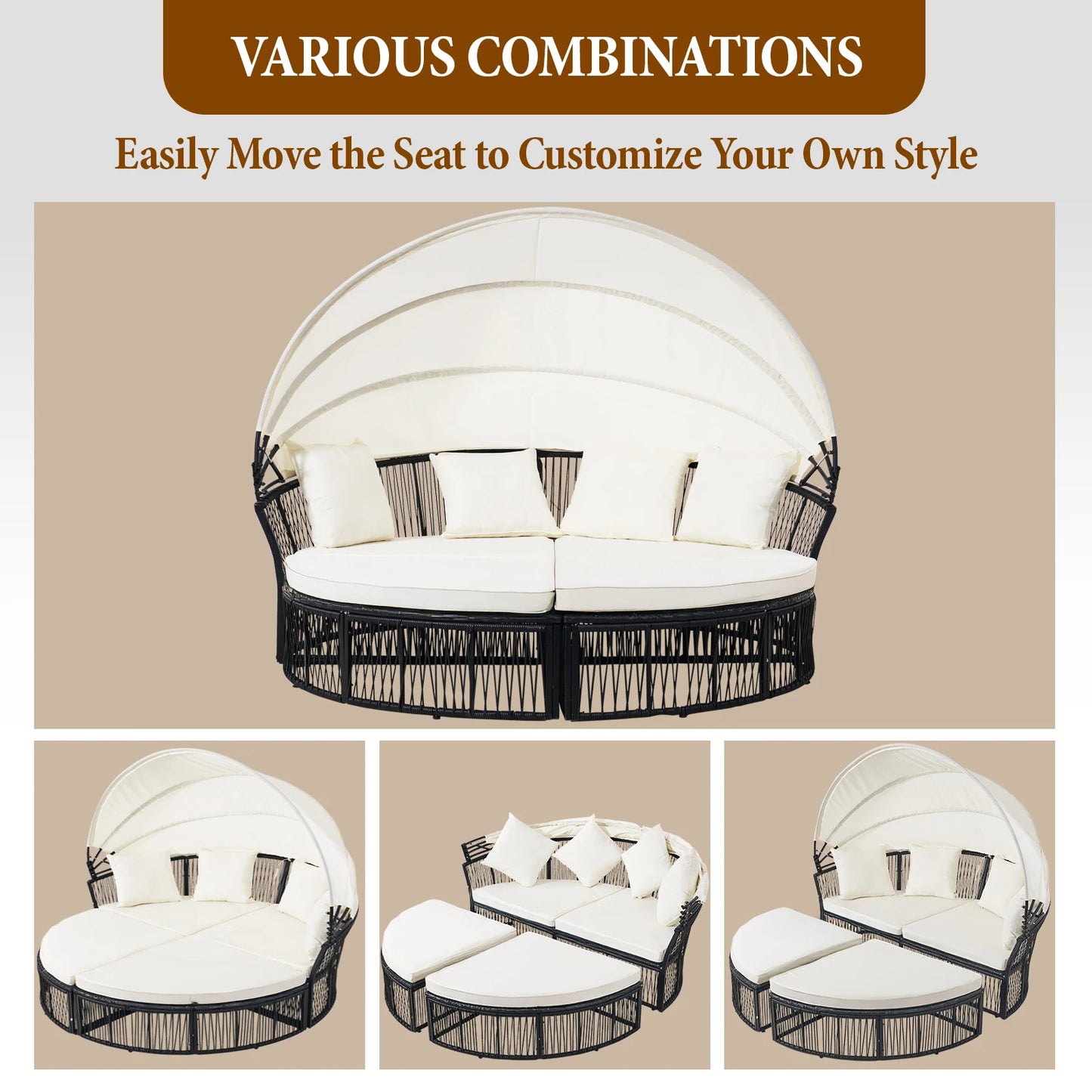 Avenvista Outdoor Rattan Daybed With Foldable Canopy And Cushions