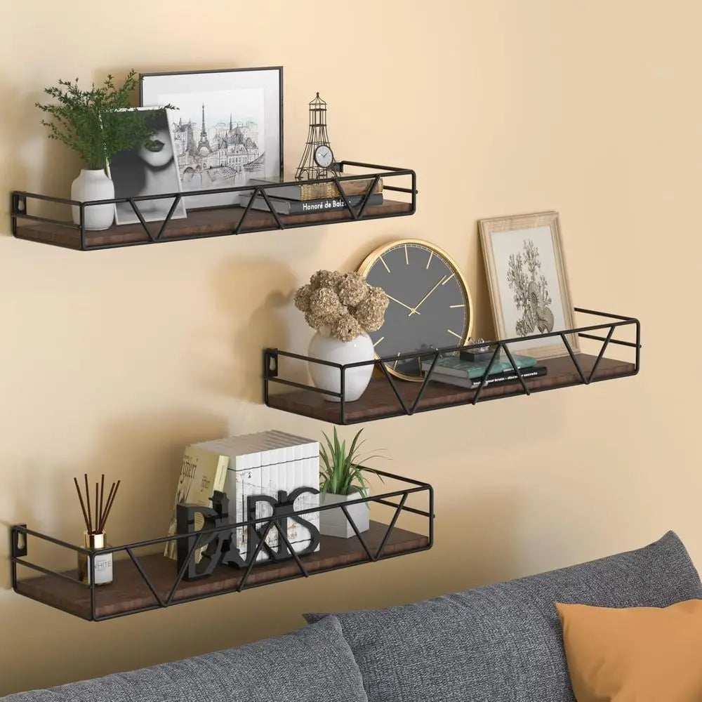 Floating Wood Shelves Set Of 3 Wall Mounted Living Room