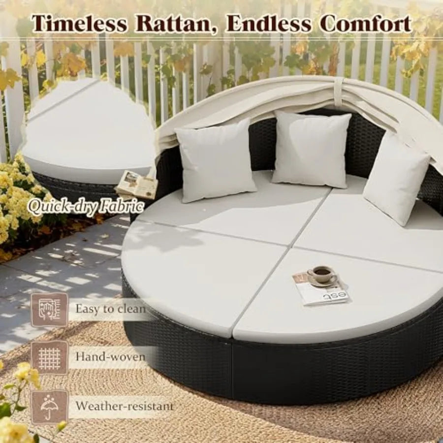 MDNG Outdoor Patio Round Daybed With Retractable Wicker Canopy