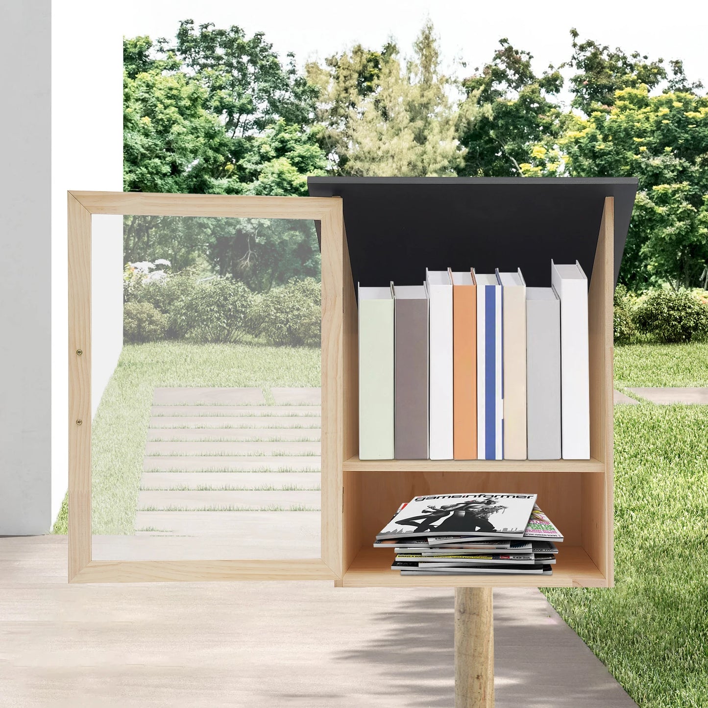 Pine And Acrylic Display Bookcase Two Tier Cabinet With Door