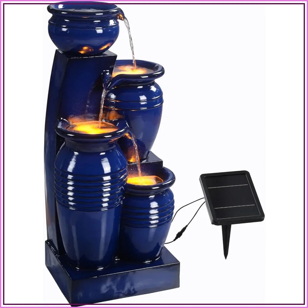 4-Tier Cascading Solar Powered Water Fountain Outdoor