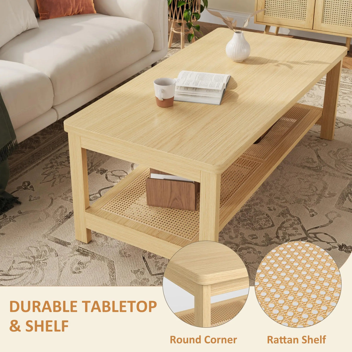HiMISS Boho Rattan Coffee Table With Storage Shelf Two Tier