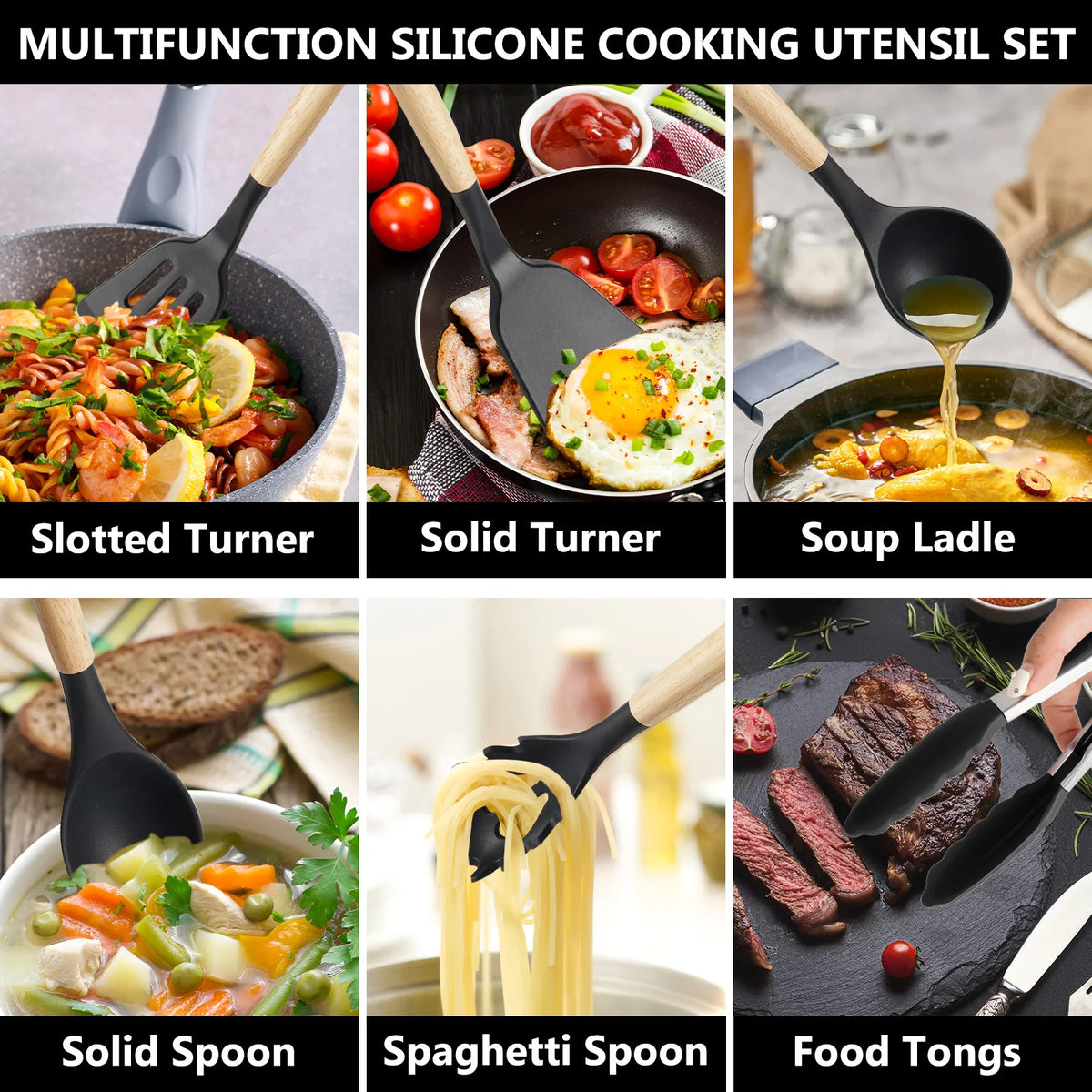 Koomade Silicone Cooking Utensil Set With Wooden Handles And Holder