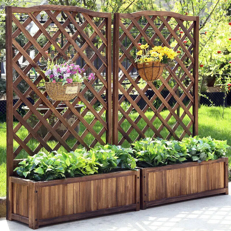 Wooden Raised Garden Bed With Trellis For Vegetable Plants