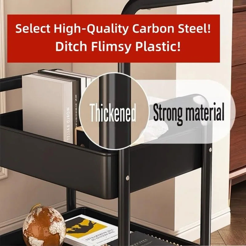 Three-Tier Metal Rolling Storage Cart With Walnut Tabletop