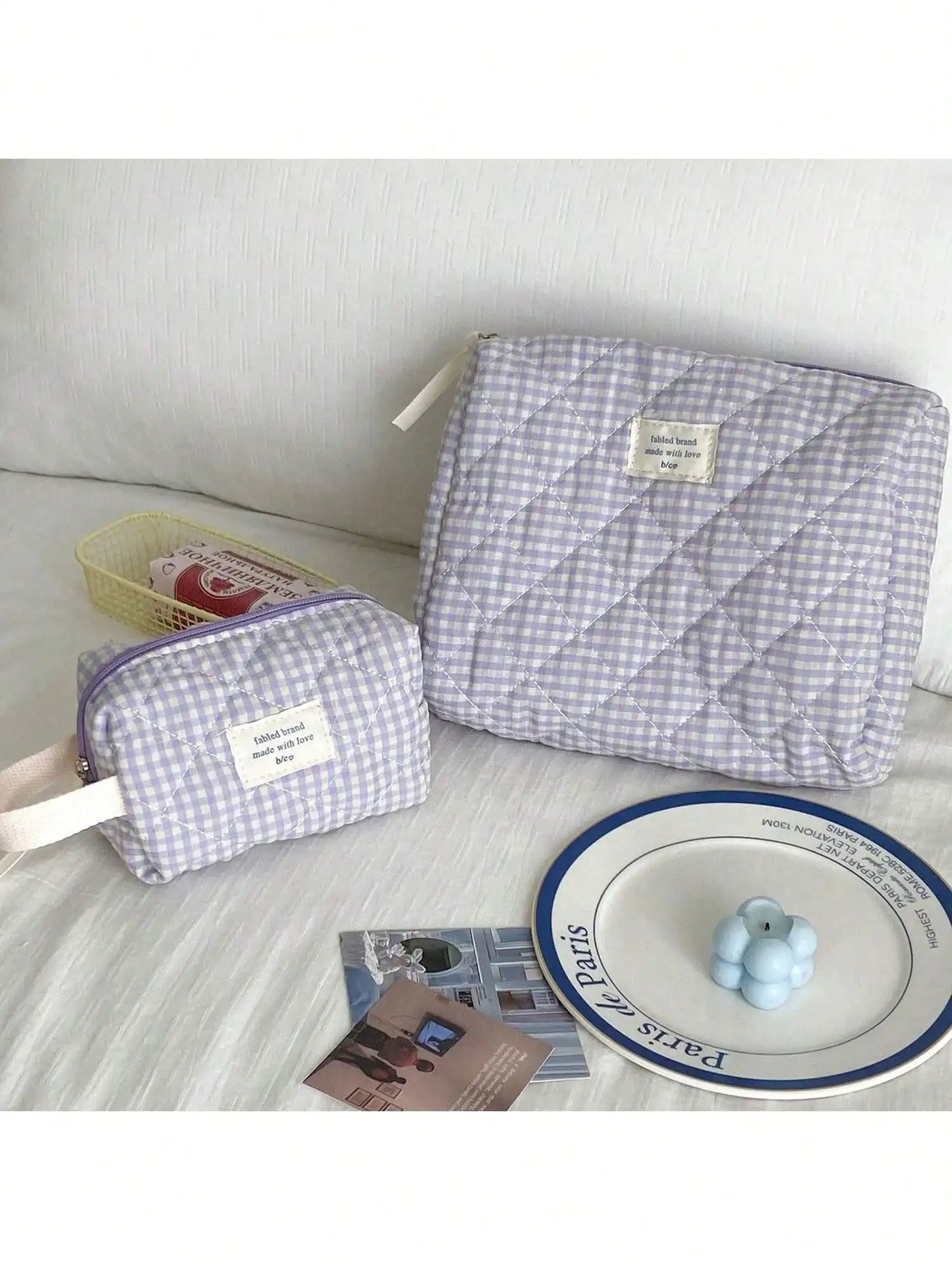 Three Piece Quilted Makeup Bag Set Floral Silk Ribbon Bow