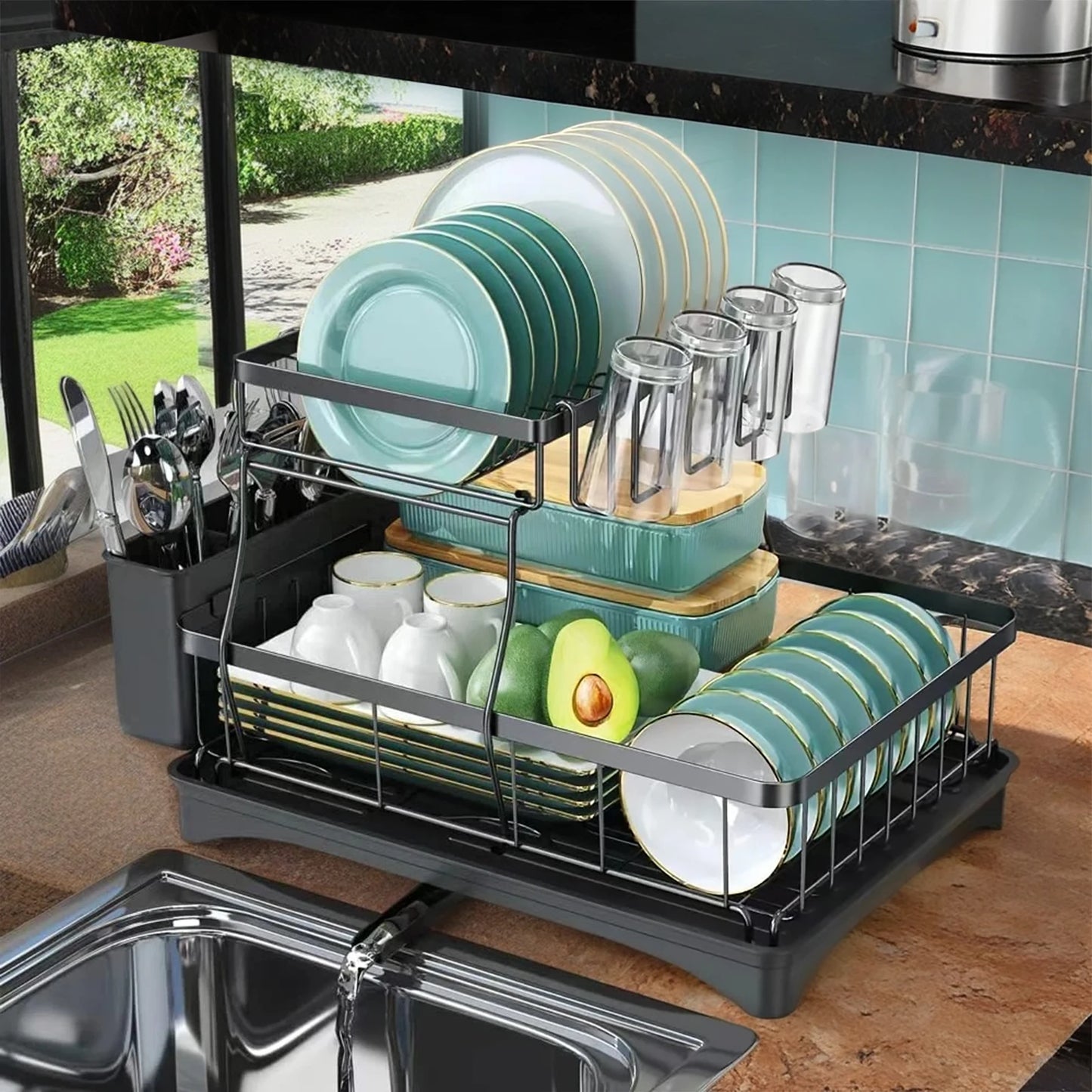 Two Tier Metal Dish Drying Rack Removable For Kitchen Countertop Large Capacity