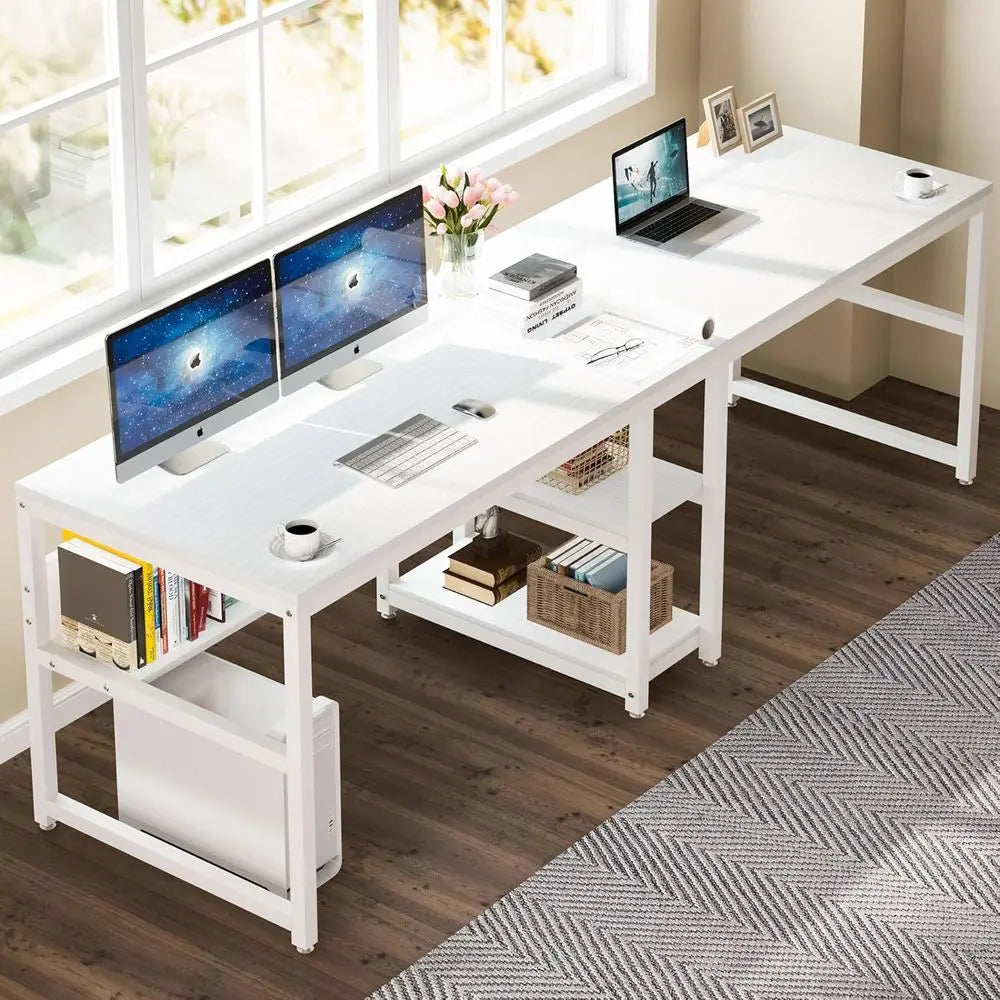 DAFIFY Rustic Double Computer Desk For Two With Shelf
