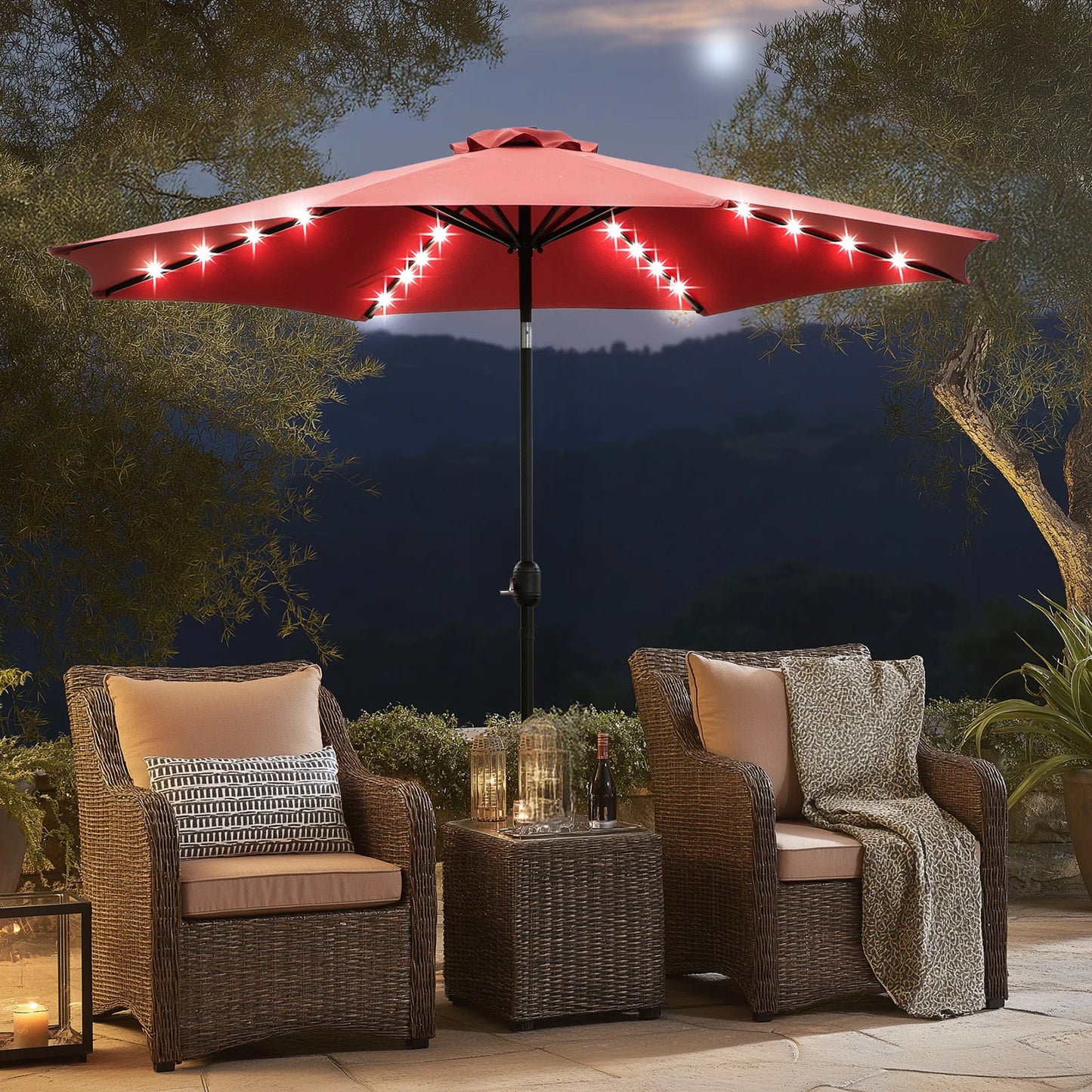 JHK Solar Patio Umbrella With LED Lights UV Resistant Tilt